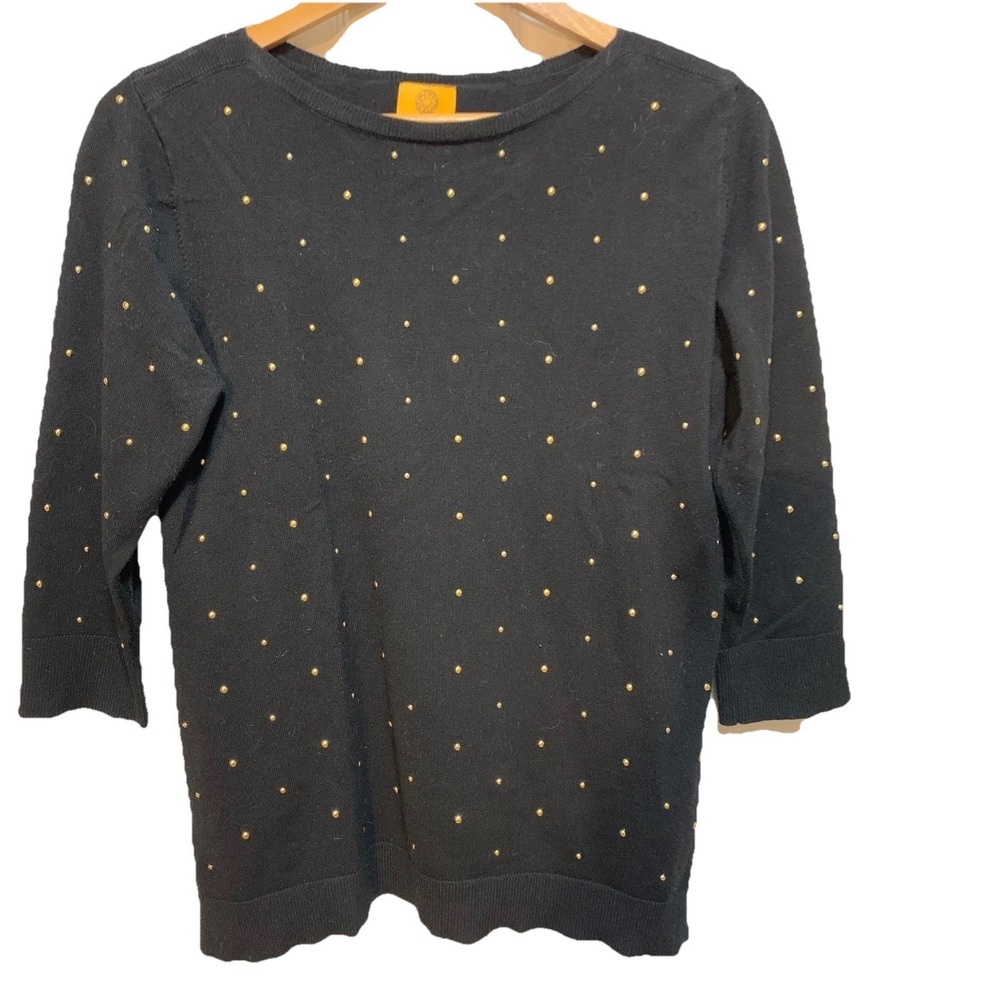 Ruby Rd women's black/gold stud-embellished 3/4 sleeve tight knit sweater PSmall